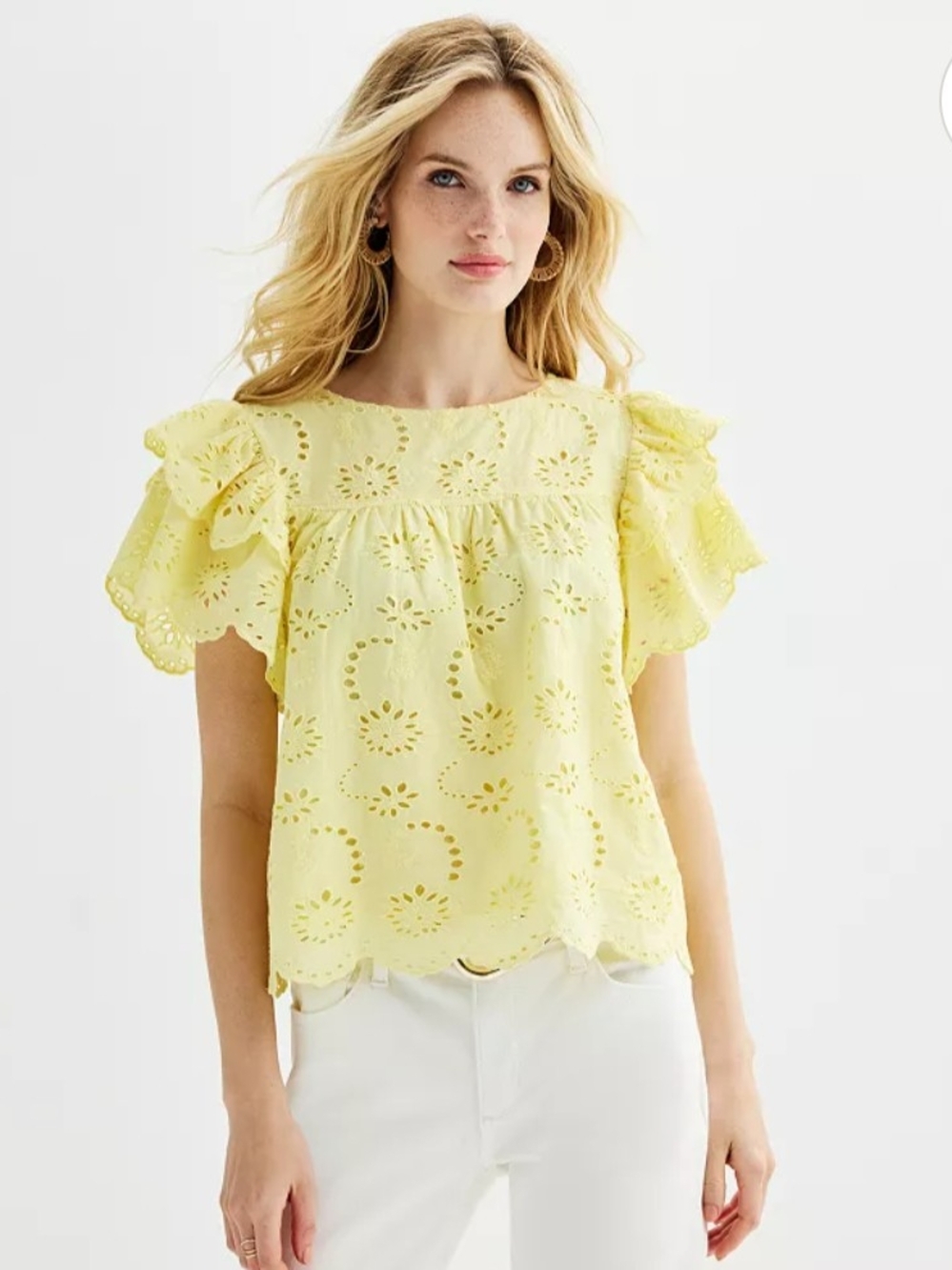 Catherine Malandrino Yellow Eyelet Ruffle Sleeve Top, Small